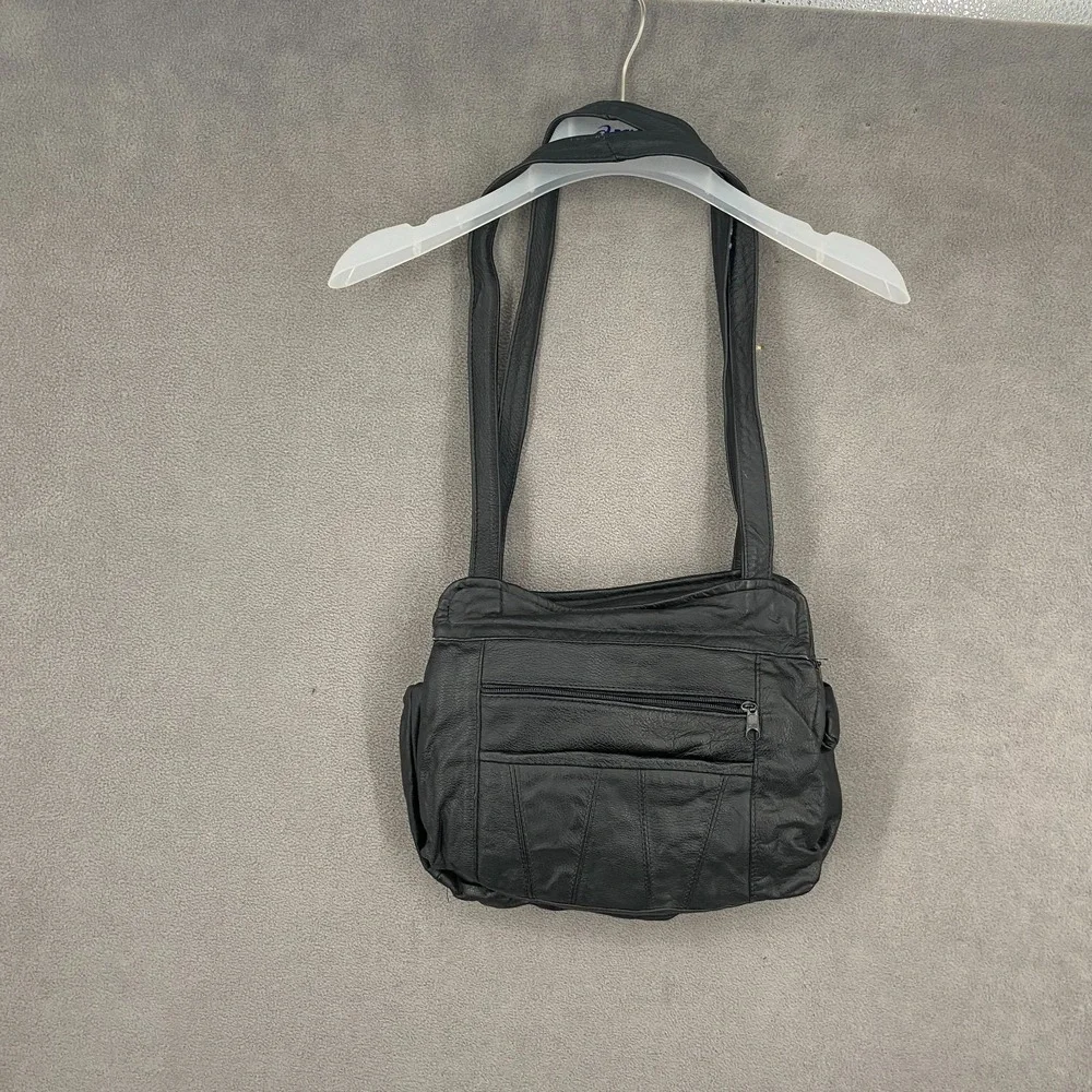 Vintage Unisex Black Leather Multiple Pockets Dual Carry Straps Shoulder Bag